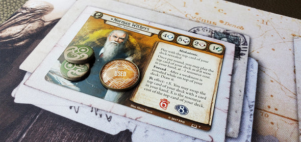 Arkham Horror LCG yellow Used token in 20 mm size on Seeker Investigator Norman Withers's card, showing that his once a round ability has been used.