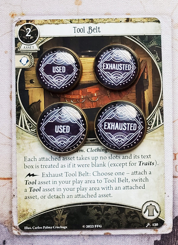 Arkham Horror LCG Black/Neutral Used and Exhausted tokens in 18 mm and 20 mm sizes.