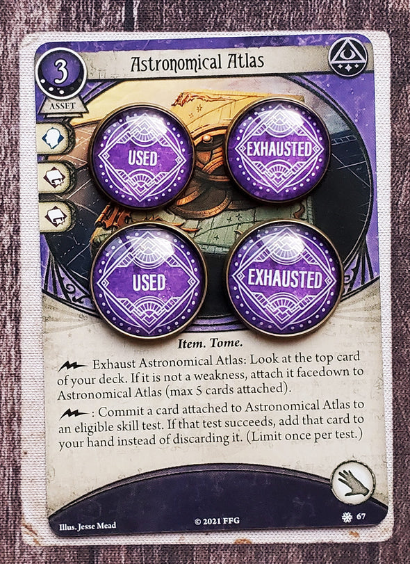 Arkham Horror LCG Purple/Mystic class class Used and Exhausted tokens in 18 mm and 20 mm sizes.