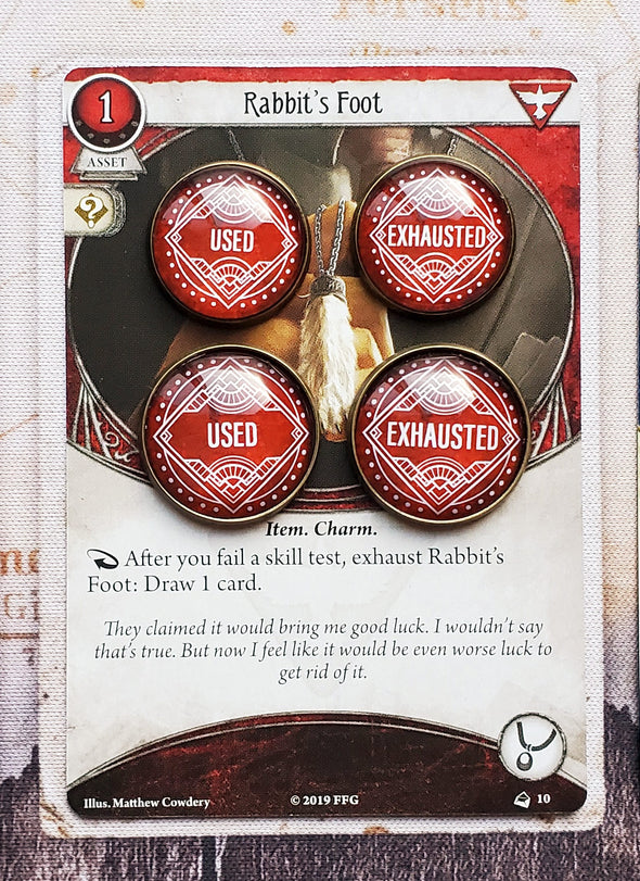 Arkham Horror LCG Red/Survivor class Used and Exhausted tokens in 18 mm and 20 mm sizes.