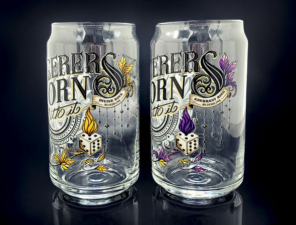 Photo of the two glass-cans.
Left-side: Radiant Gold color, Divine Soul Bloodline banner.
Right-side: Eldritch Purple color, Aberrant Mind Bloodline banner.

*The Radiant Gold is not a metallic color.